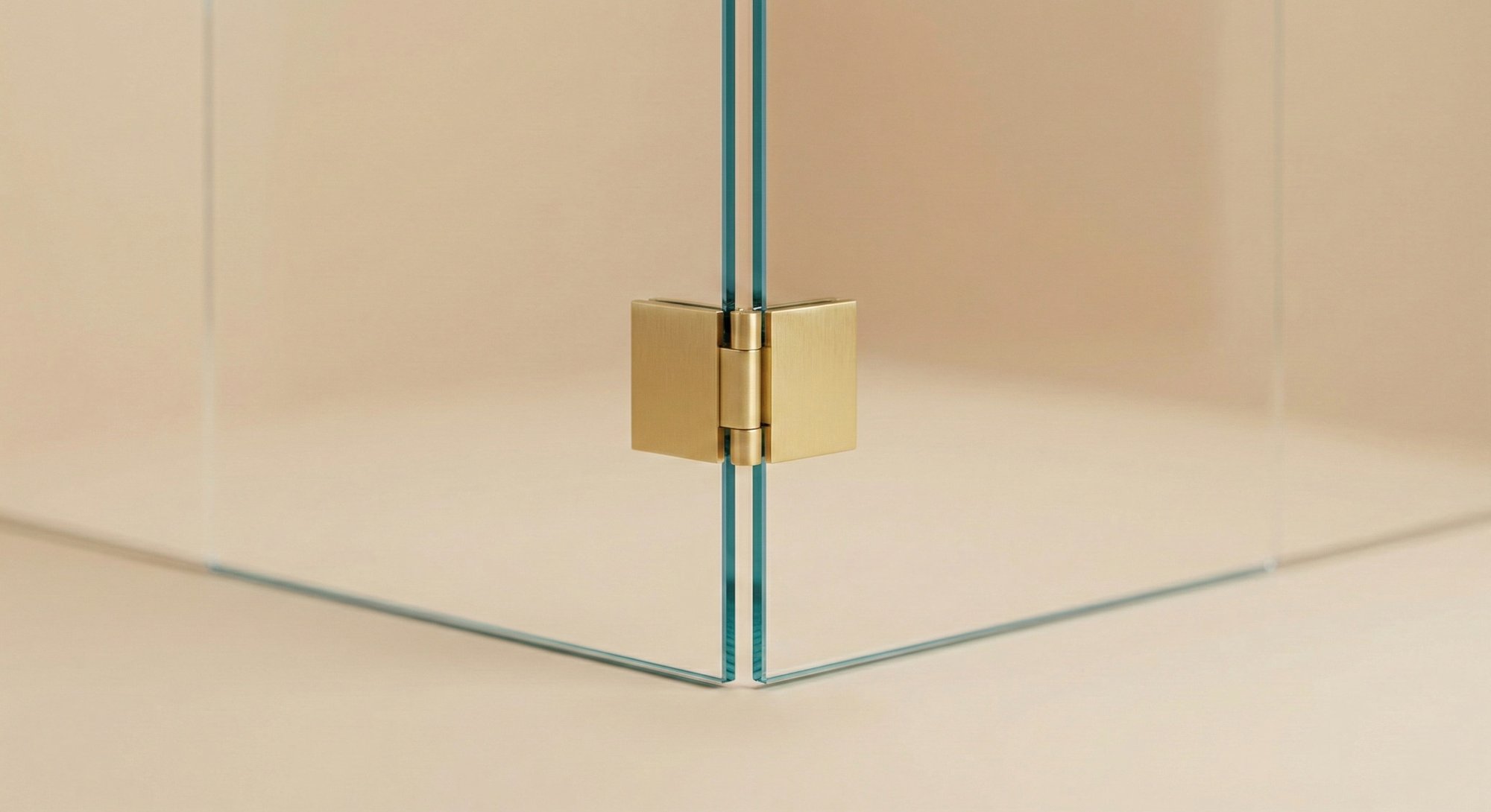 90-degree corner frameless glass shower enclosure with satin brass glass-to-glass hinge connecting two panels at right angle