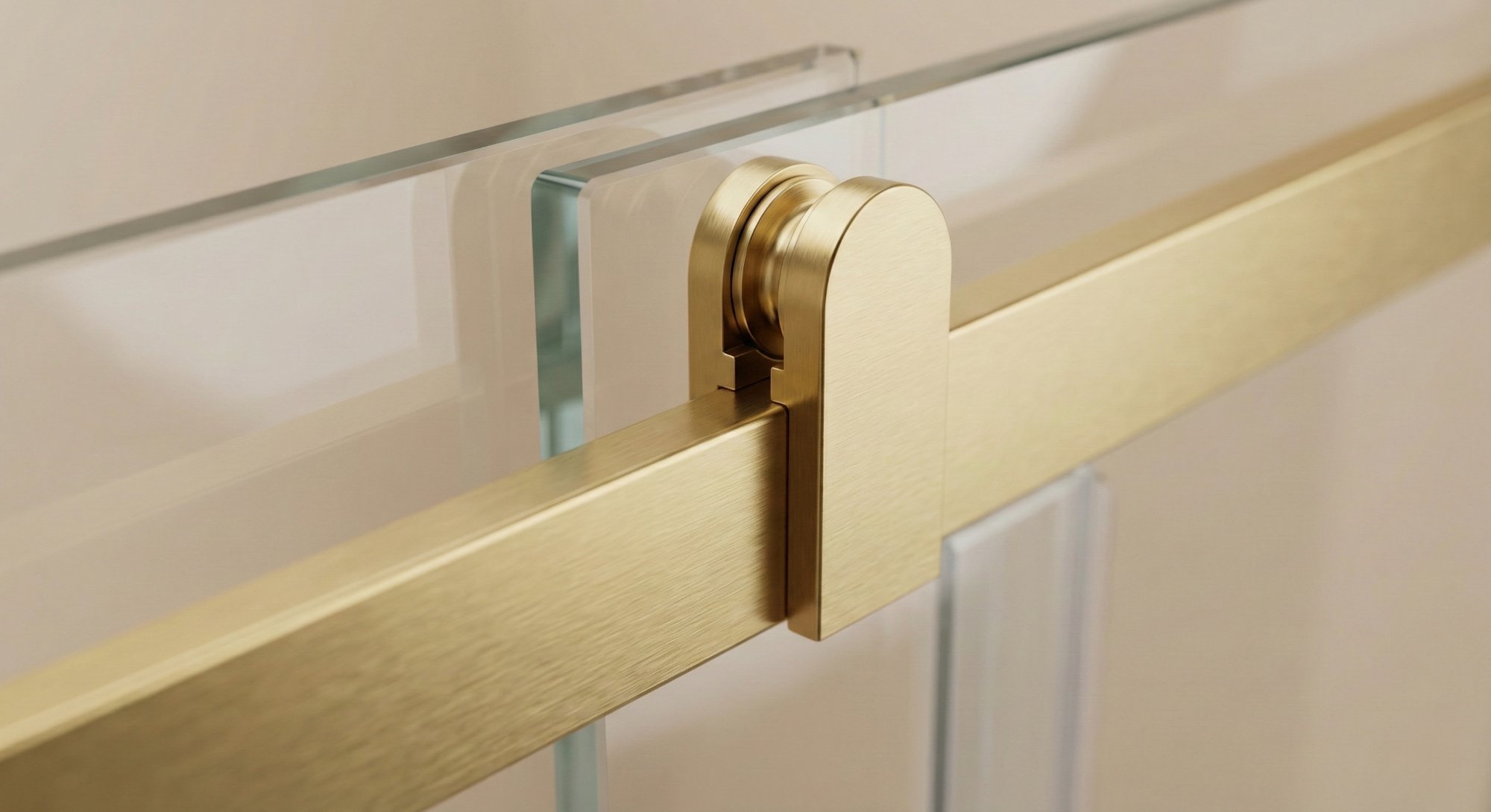Frameless sliding bypass shower door with satin brass barn-door style track hardware — close-up of roller mechanism