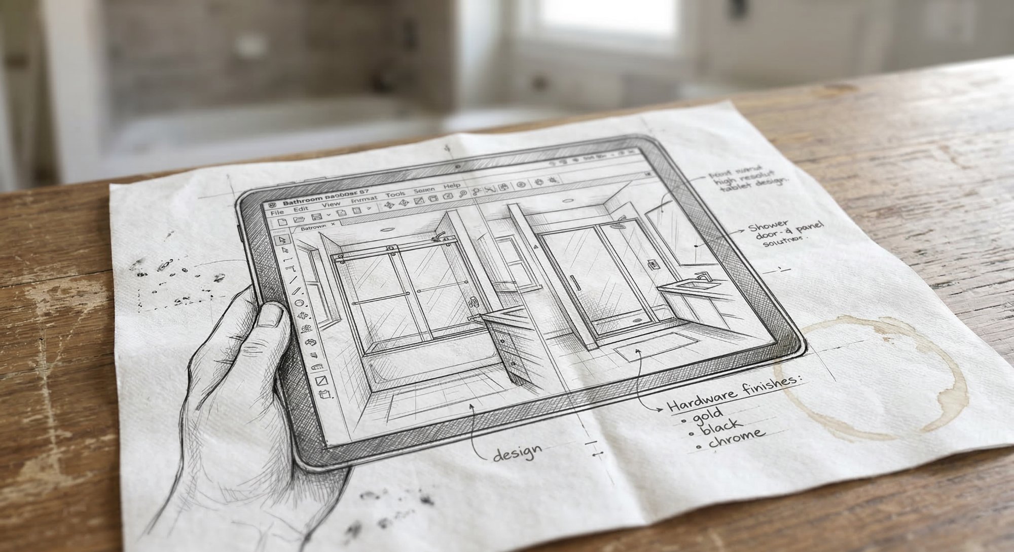 Napkin sketch of a bathroom design with shower enclosure configurations rendered on a tablet — hardware finishes annotated in gold, black, and chrome
