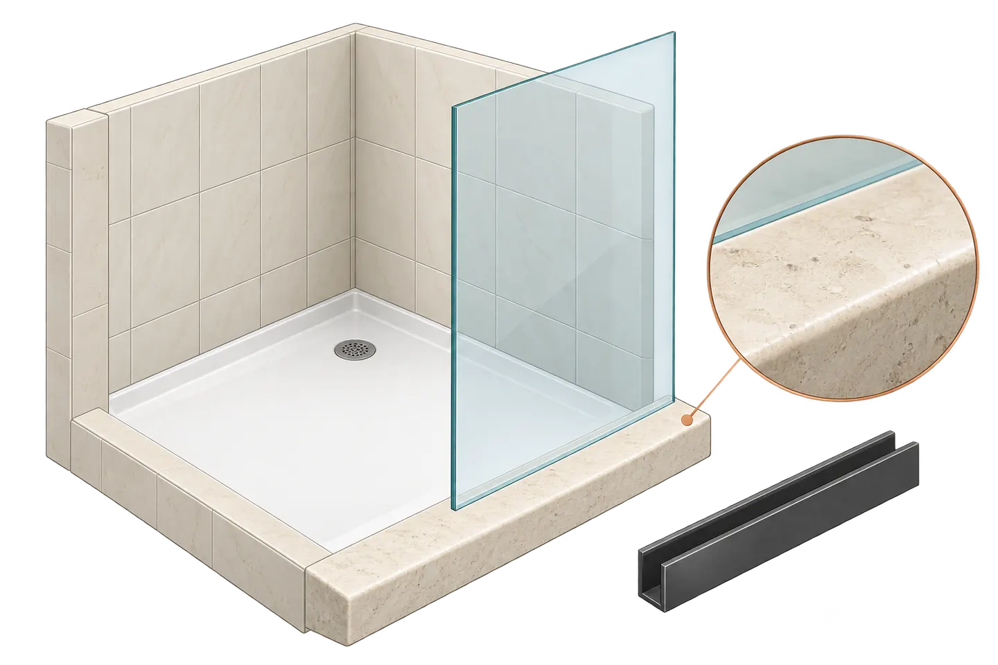 Concept shower base and threshold with a separate proposed glass plane and simplified enlarged surface study.