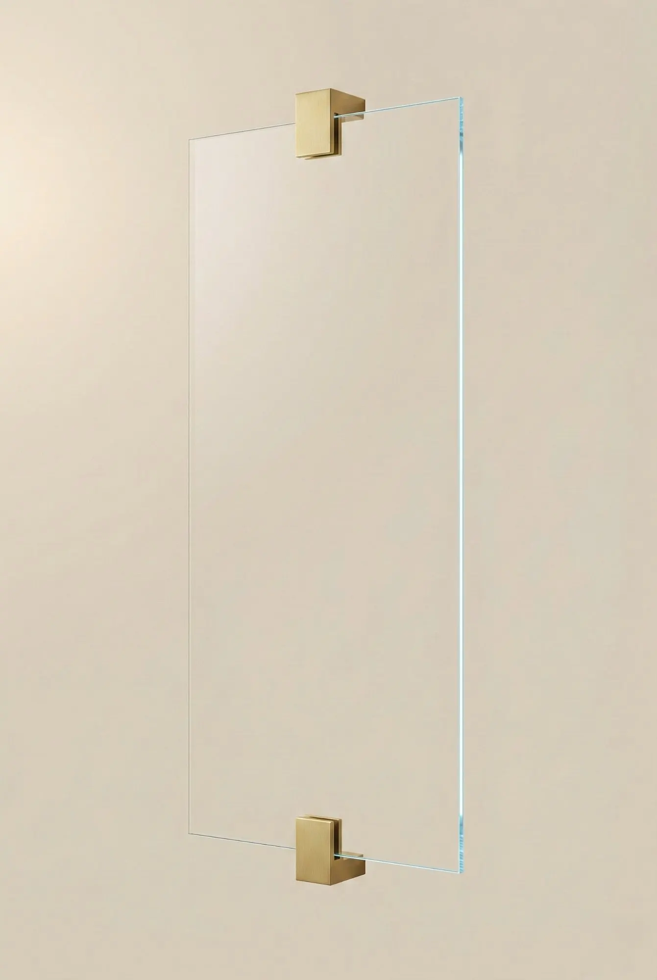 Walk-in frameless glass shower panel with satin brass wall clamps