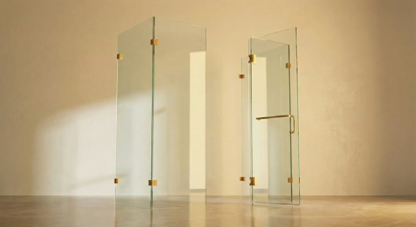 Frameless shower door and fixed panel configuration