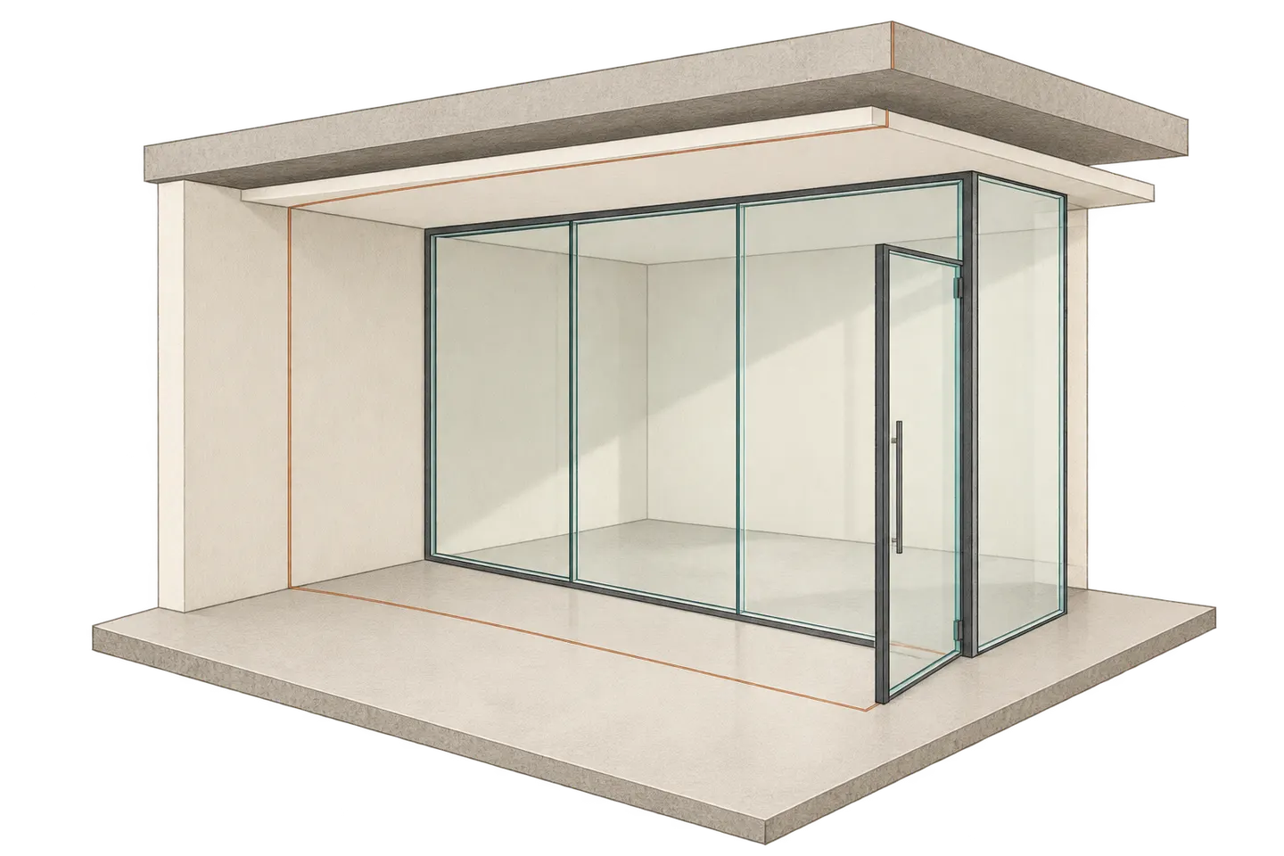 Concept office partition model distinguishing a solid upper slab, lower ceiling finish and partition line across the room.