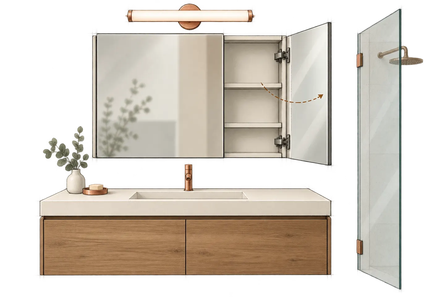 Concept mirror cabinet with an open door above a basin, a light above and a nearby shower-glass edge.