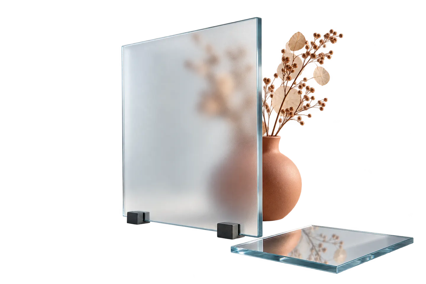 Concept translucent glass sample softening the view of a terracotta vase while an uncovered edge remains visible.