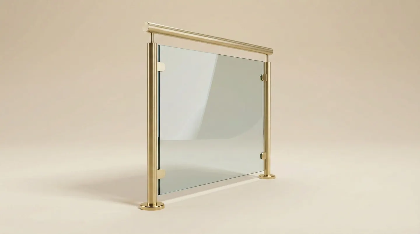 Architectural glass railing detail with clean metal posts and transparent panels