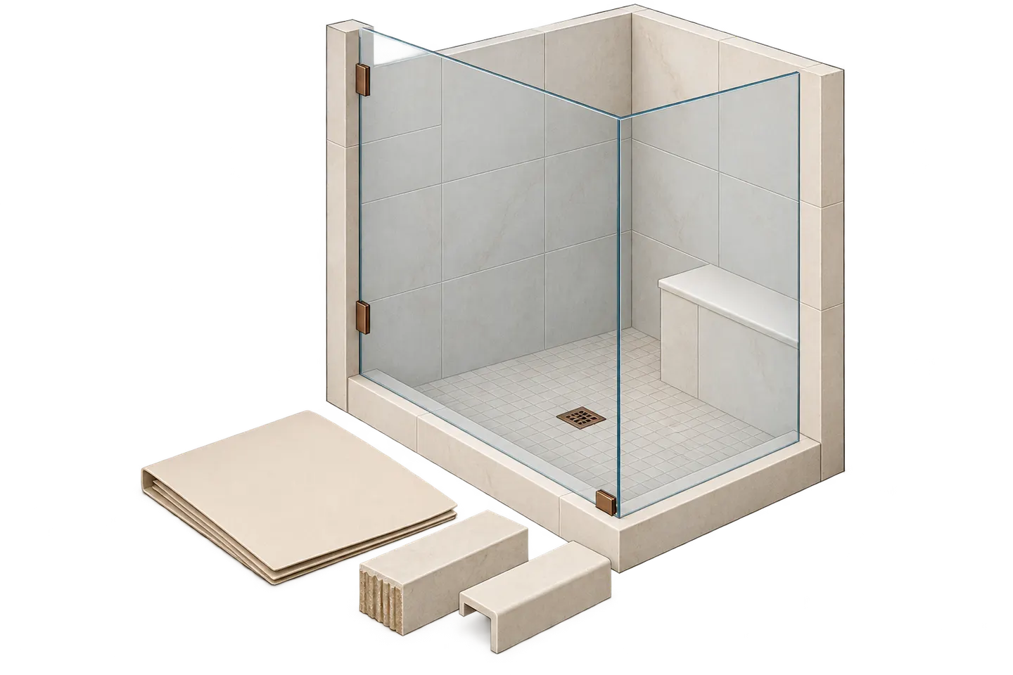 Concept tiled shower with bench and proposed glass plane, beside separate edge samples and a closed blank coordination folder.