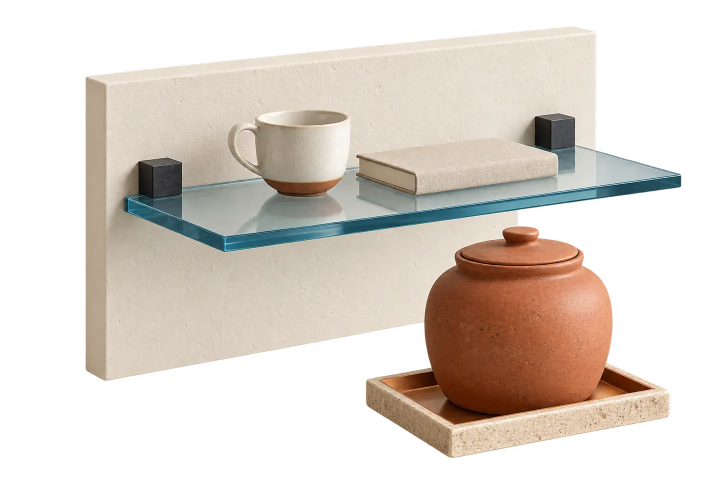Concept glass shelf holding a small cup and book, with a larger storage jar shown separately beside the wall model.