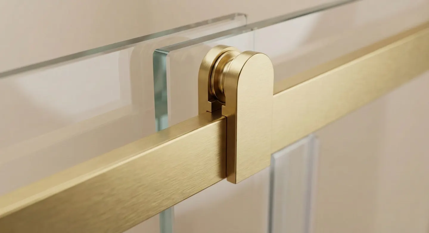 Frameless sliding bypass shower door hardware for a bathtub shower glass layout