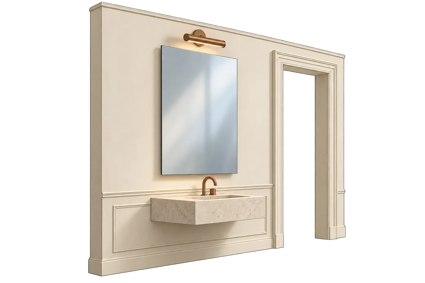 Concept vanity wall with a proposed rectangular mirror beside retained casing and panel molding.