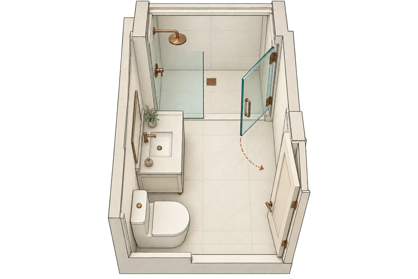 Concept overhead bathroom showing a glass door movement arc, a nearby vanity and the approach to the shower.