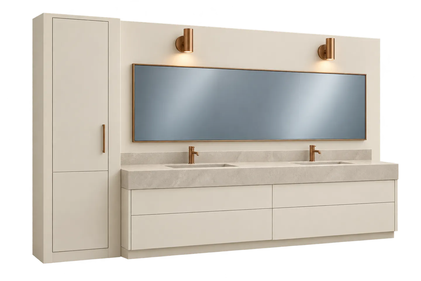Concept double vanity wall with a long mirror, two lights and a tall side cabinet, comparing countertop and available-wall centers.